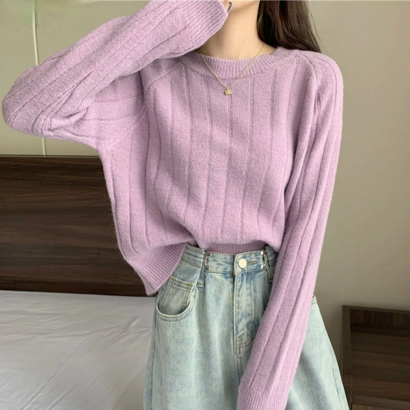 Pullover Women Sweater O-neck Loose Simple Soft Solid All-match Comfortable Knitted Trendy Ribbed Clothing Korean Style Sweaters