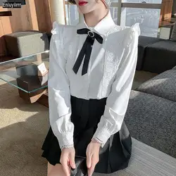 2021 Spring Women Long Sleeve Office Lady Work Business Formal Basic White Shirts Single Breasted Button Bow Tie Tops And Blouse