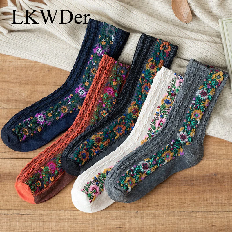 

LKWDer 3 Pairs New Fashion Womens Socks Cotton Euramerican National Wind Flowers Autumn and Winter Lady Socks Warm and Cute