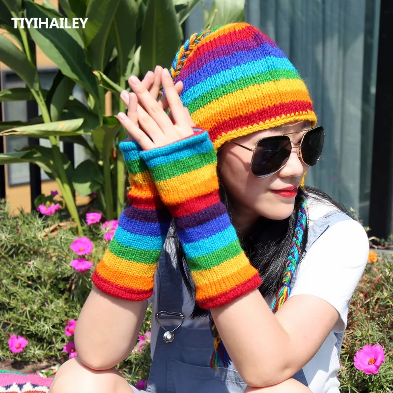 TIYIHAILEY Free Shipping 2023 New Fashion Rainbow Colorful Winter Warm Thick Fleece Inside Women Wool Fingerless Gloves