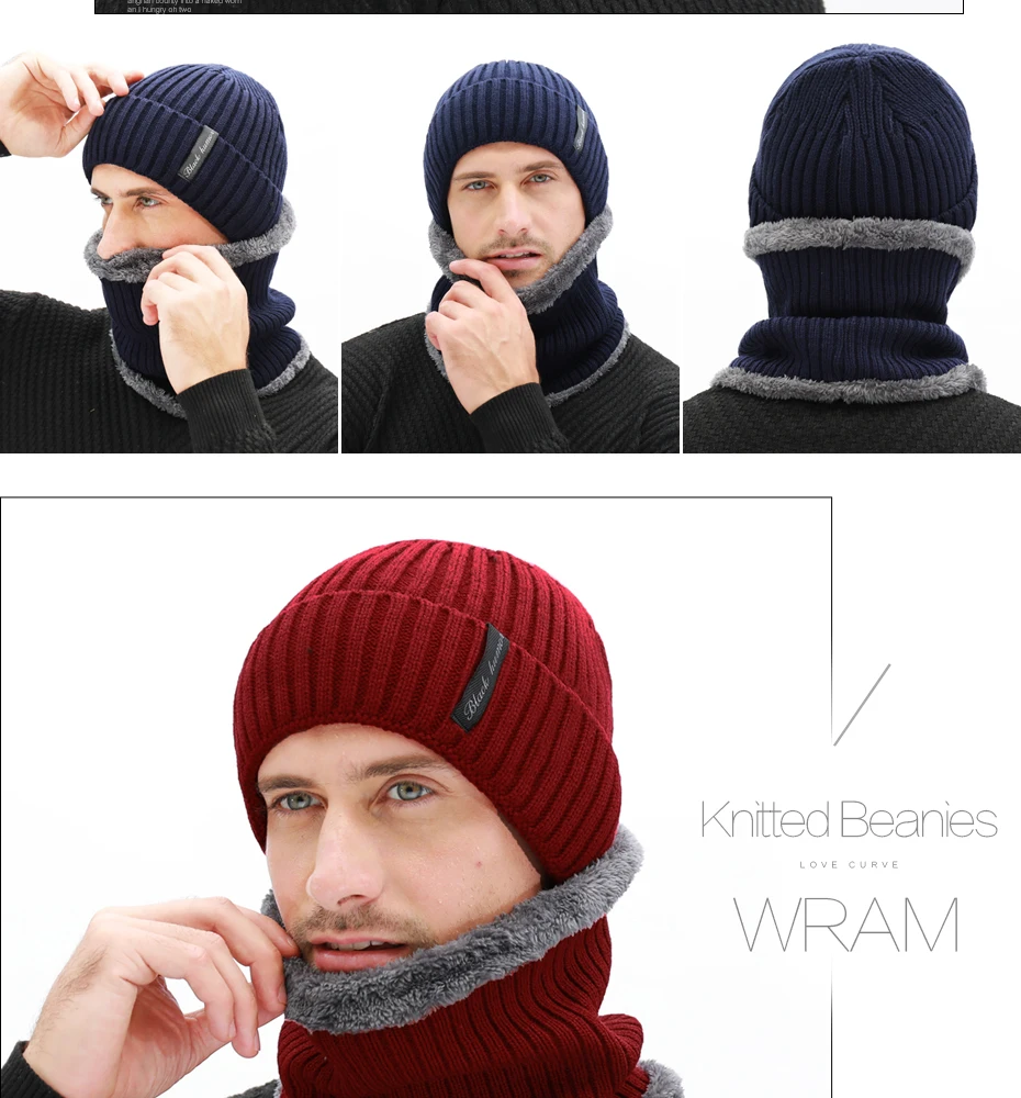 Winter herren Schal Gestrickte Hut Set Maske Warm Caps Plus Samt Dicke Mützen Für Männer Skullies Mützen Frauen Kappe mode Balaclava – Detail 6