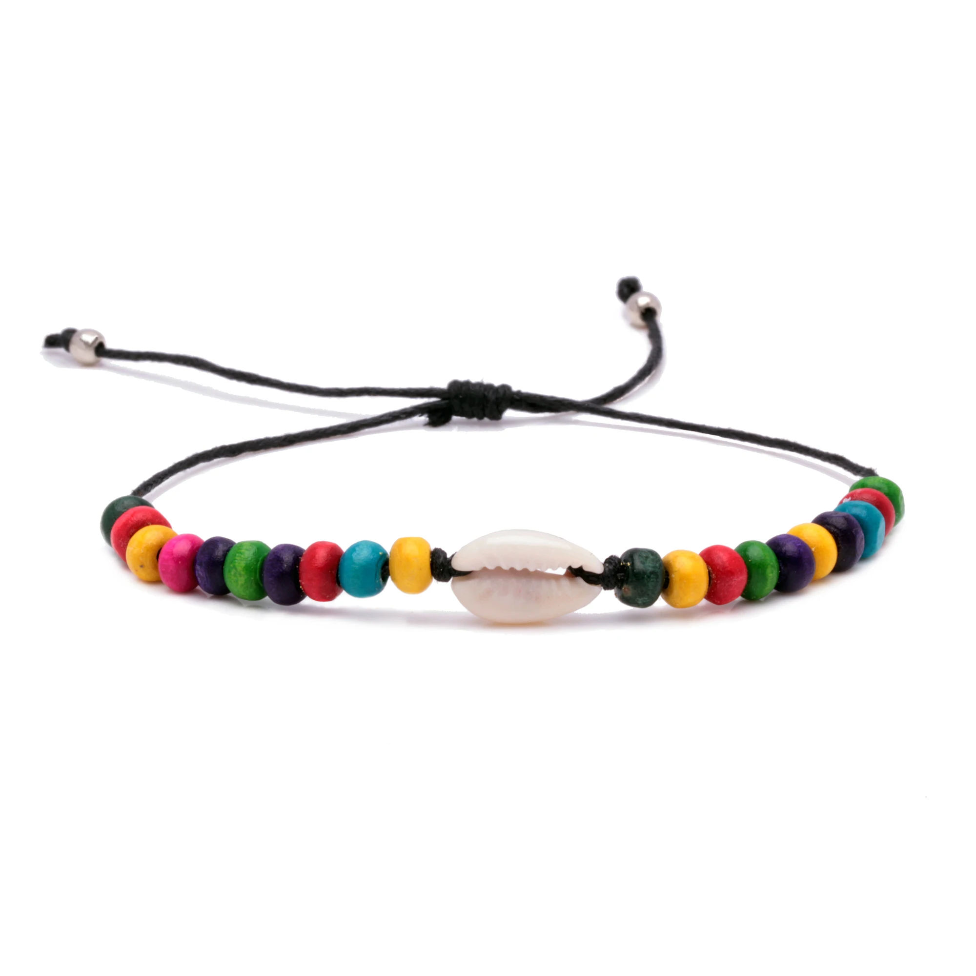 Colorful Rainbow Mala Wood Beads Cowrie Seashells Braided Bracelet Women Men Pull Slide Knot Waxed String Special Beach Jewelry