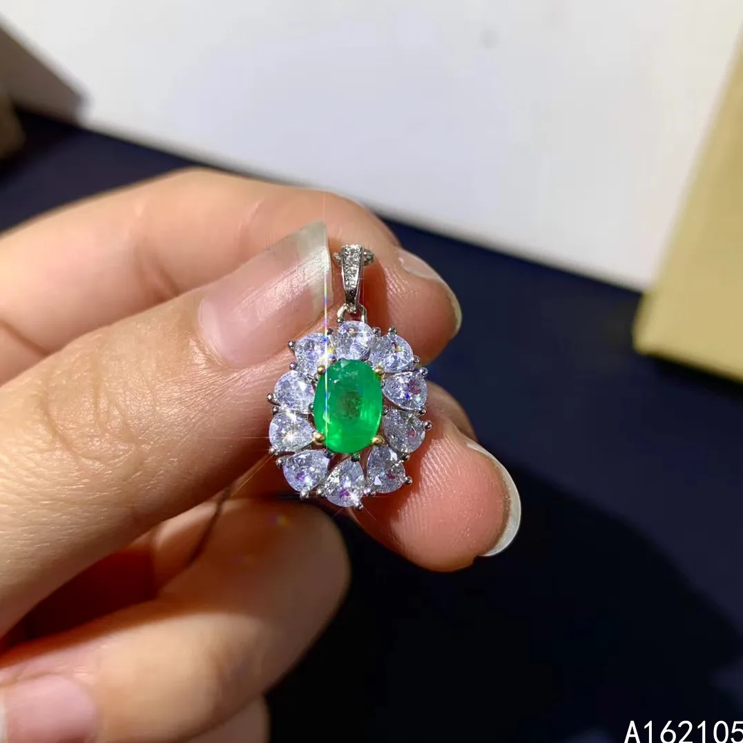 

Fine jewelry 925 pure silver inlaid natural emerald girl luxury classic flower Chinese style gem pendant necklace support detect