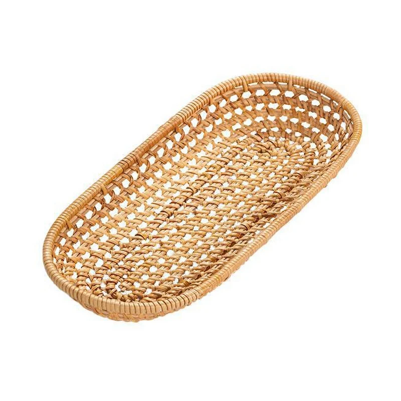 S/L Wicker Rattan Storage Tray Hand-Woven Tea Dessert Plate Round Food Fruit Bread Breakfast Serving Tray for Home Dinner Party