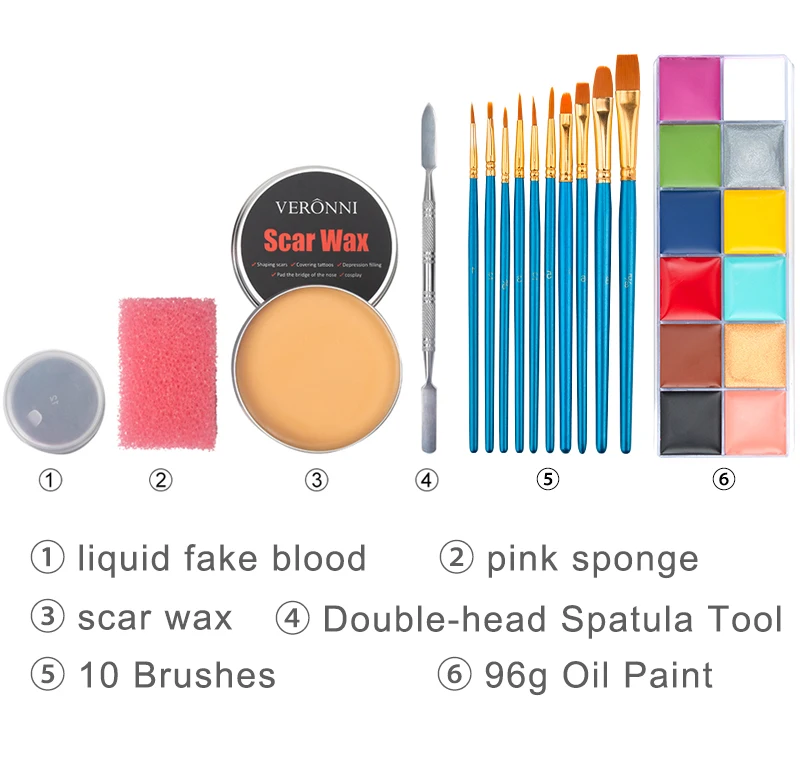 SFX Make-up-Set, 12-farbig, Gesichts- und Körperbemalung, Öl, Bühne, Spezialeffekte, Halloween, Wunde, Narbe, Wachs, Make-up, gefälschte Schorf, Blutspatel, Farbe – Detail 4