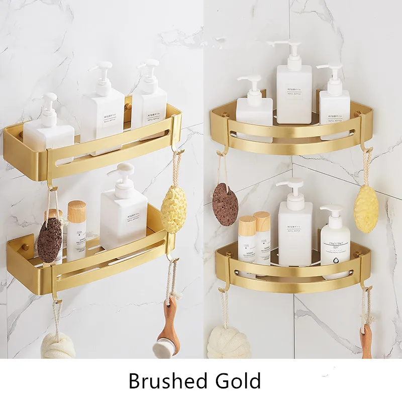 European Bathroom Corner Shelf Wall Mounted Titanium Gold Space Aluminum Bathroom Toiletries Shampoo Storage Rack