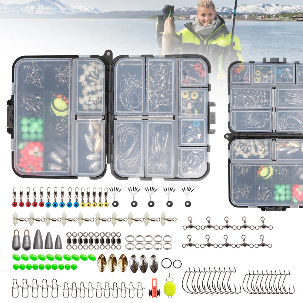 Set of 183 Mini Tackle Box Fishing Accessories Kit Including Jig Hooks Casting Weights Sinker Beans Glitter and More E2S