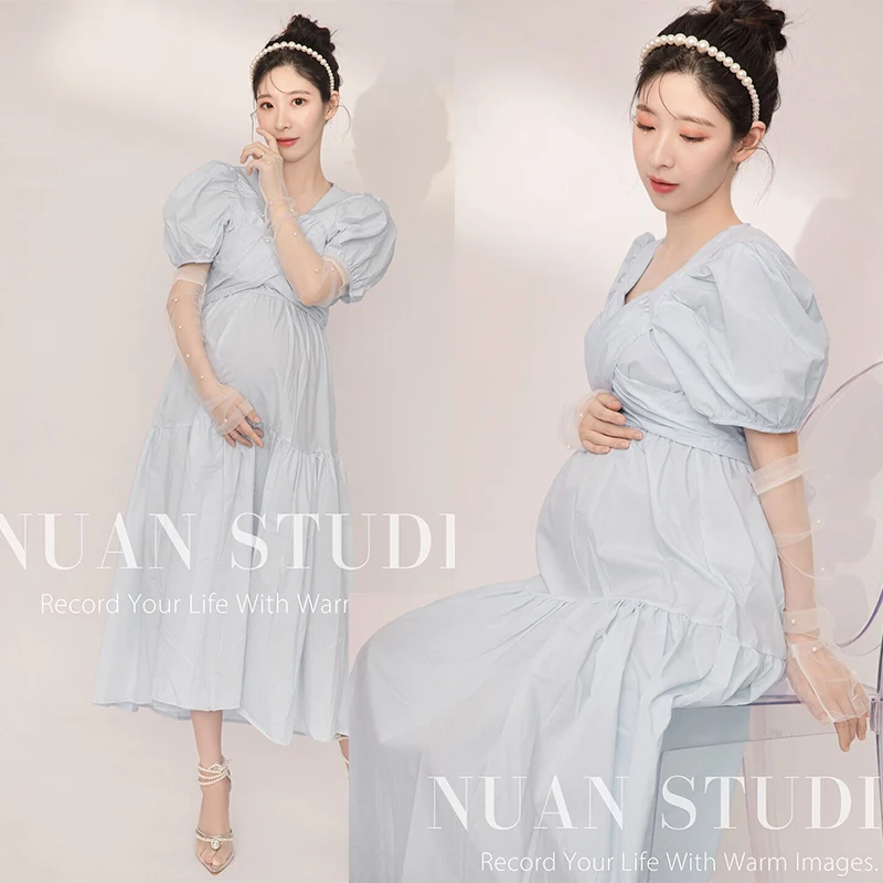 Pregnant Women Photography Clothing Aesthetic Light Blue Dress Studio Pregnant Women's Clothing Naughty Lovely Fresh Photo Cloth