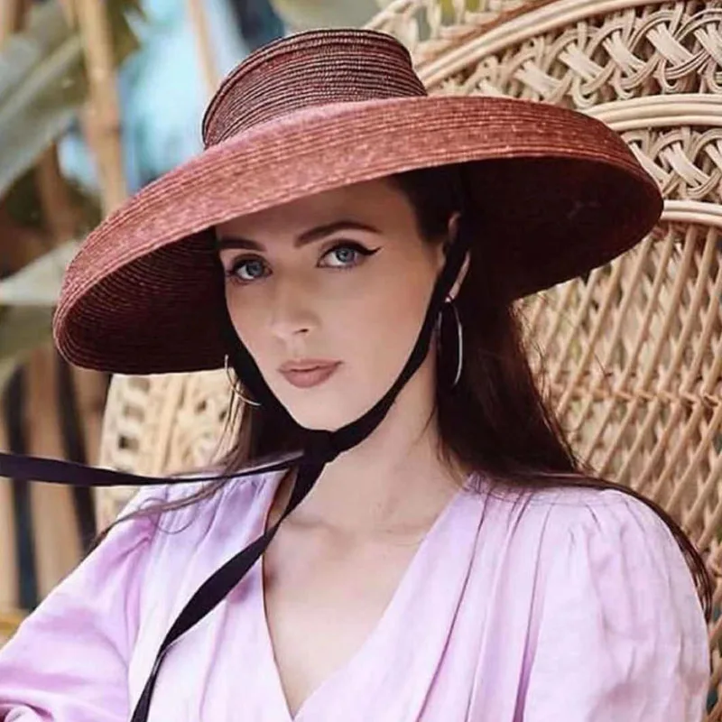 New Fashion Elegant Wide Brim Sun Hats for Women Travel Derby Summer Hats Lace Up Flat Top Cloche Straw Hats Floppy Beach Hat