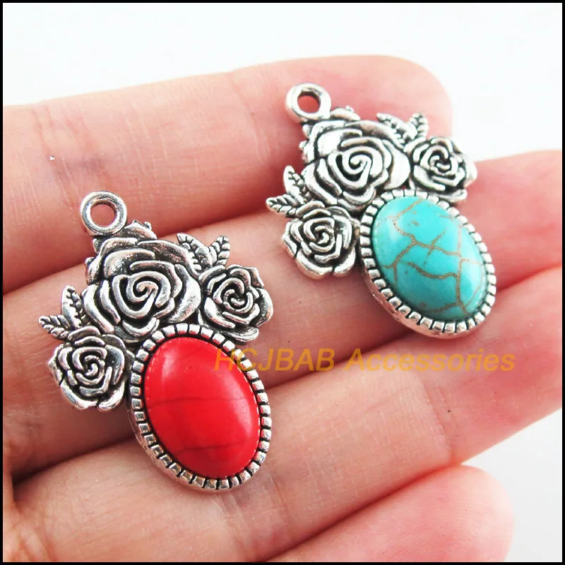 6Pcs Retro Tibetan Silver Tone Flower Oval Blue&Red Stone Charms Pendants 23x32mm