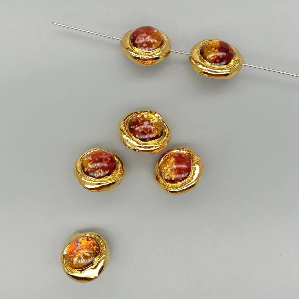 10 Pc 16mm Orange Color Noctilucent Murano Glass Round Gold Plated Beads For Bracelet Making Diy Accessories