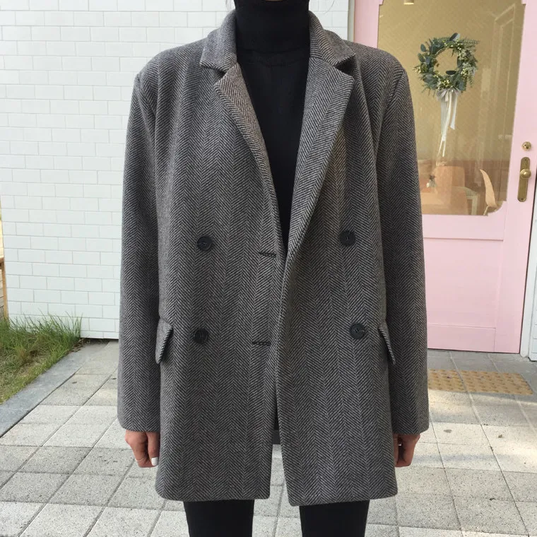 Korean Herringbone Suit Collar Woolen Coat Fall/Winter Slim Plaid Women Clothing Vintage Thickened Elegant Woolen Overcoat Women