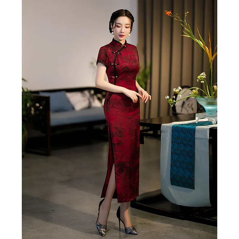 Print Leaf Vintage Button Chinese Women Classic Cheongsam Sexy Slim Long Evening Dress Summer Vestidos Mandarin Collar Qipao