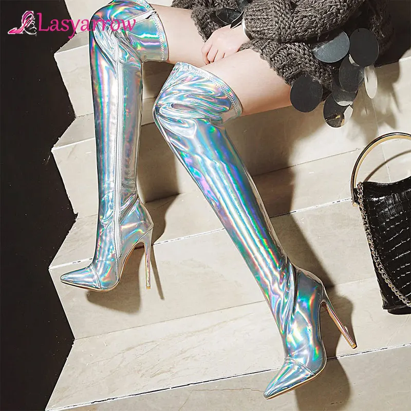 Lasyarrow Women's Thigh High Stiletto Boots Sexy Over the Knee Boots Sexy Women Boots Gold Silver Patent Leather Long Boots F564