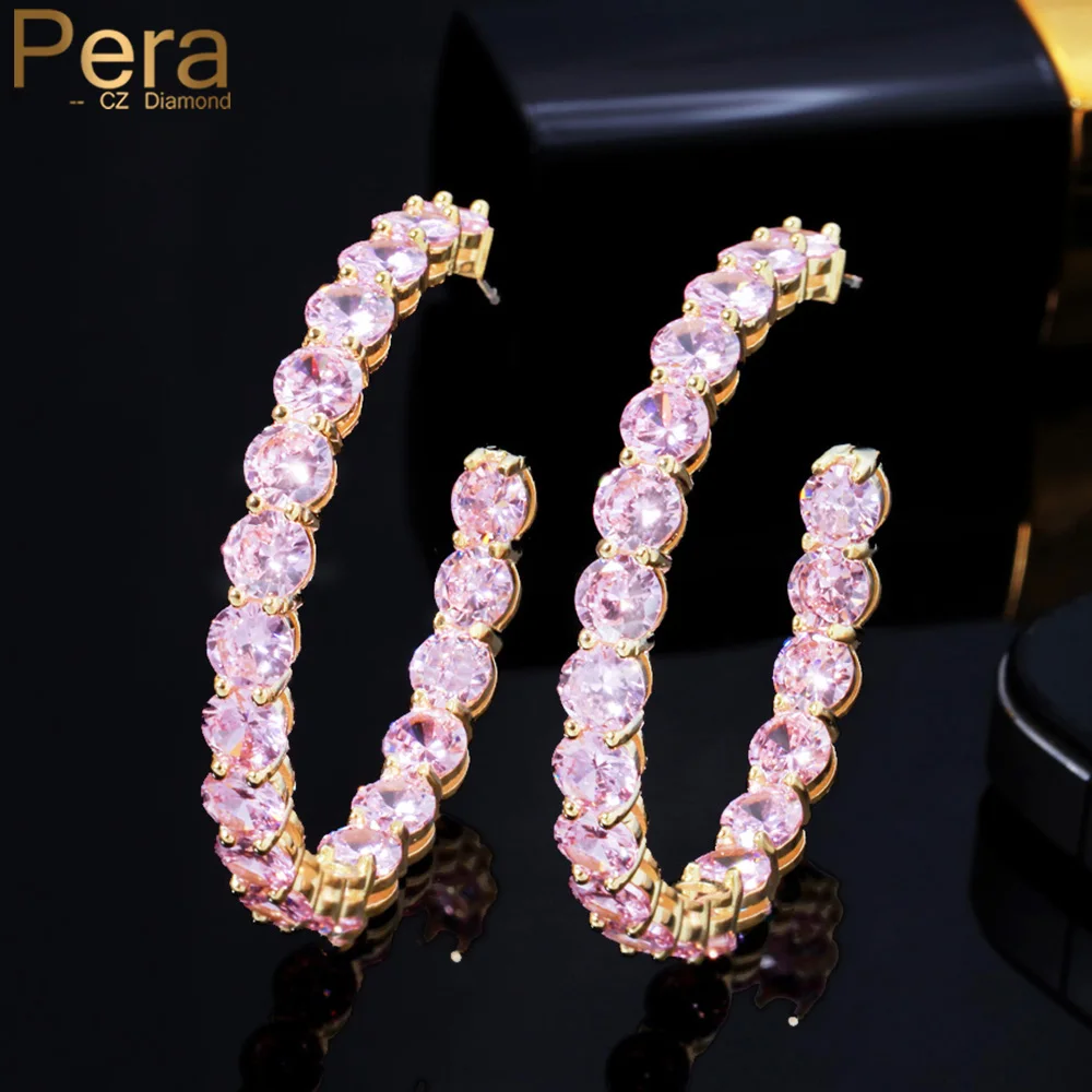 Pera Sweet Pink Broken Ice Cubic Zirconia Gold Plated Engagement Party Jewelry Large Round Crystal Hoop Earrings for Ladies E747