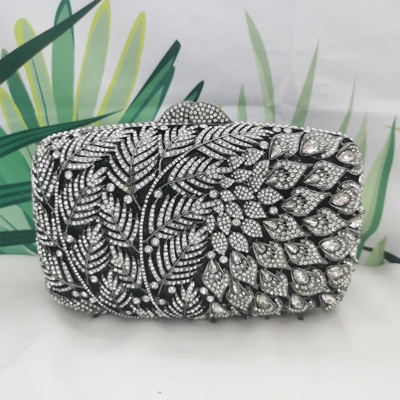 White Clear Rhinestone Evening Bag WHTUOHENG Flower Leaves Crystal Clutch Purse Diamond Clutches Women Peacock Tail  Party