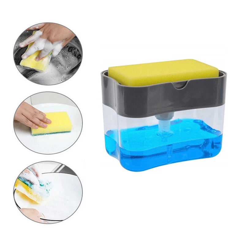 Portable Detergent Dispenser Kitchen Dishwashing Soap Box with Sponge Holder Hand Pressure Liquid Dispensing Container Organizer