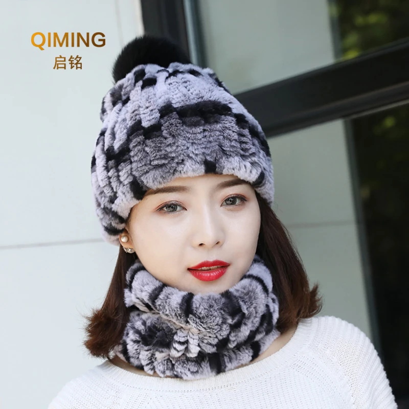 

Women Knitted 100% Real Rex Rabbit Fur Pompom Hat Hooded Scarf Winter Hats for Woman Cap Warm Natural Fur Hat With Neck Scarves