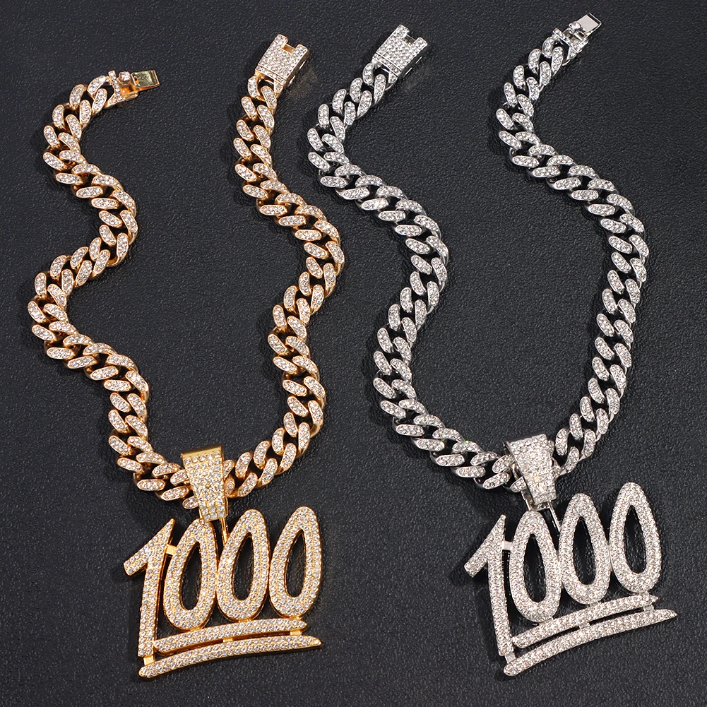 Iced Out Bling Rhinestone 1000 Number Pendant Necklace for Men Women with 13mm Crystal Miami Cuban Chain HipHop Necklace Jewelry