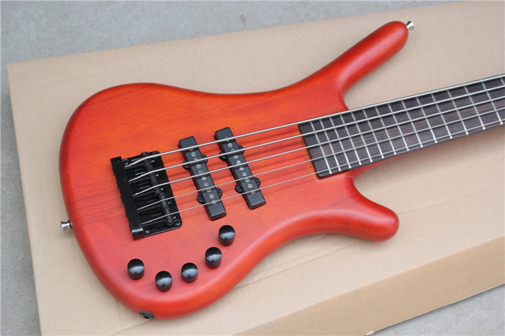 5 Strings Matte Red-brown Electric Bass Guitar with Ash Body,Rosewood fretboard