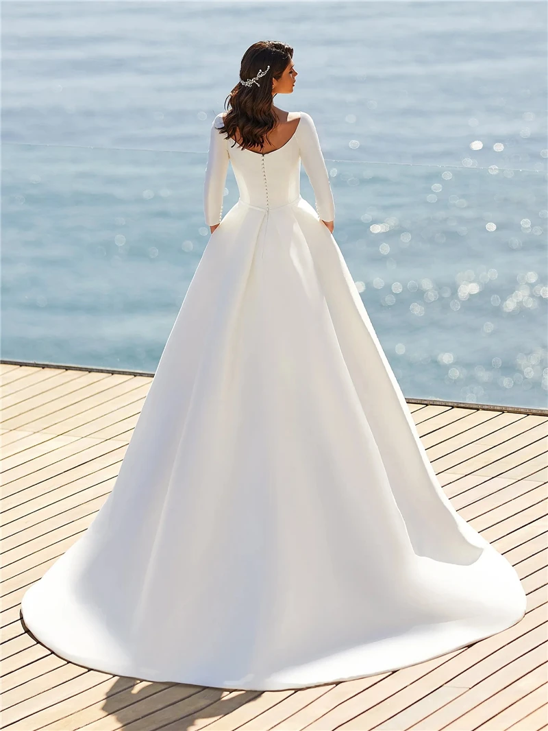 Robe De mariée De princesse en Satin à manches trois-quarts, robe De plage Simple, coupe trapèze, modeste