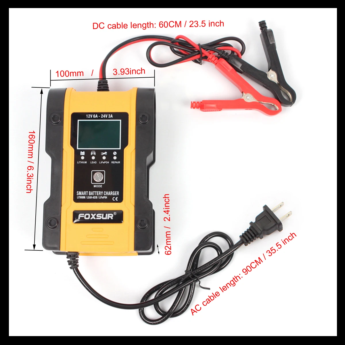 FOXSUR 12V 24V Car Battery Charger, 6A 12.6V Lithium Battery Charger & Maintainer, 7-Stage Car & Motorcycle Battery Charger