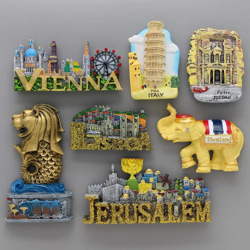 Jerozolima pamiątki lizbona portugalia dekoracja wnętrz magnesy na lodówkę wiedeń piza włochy tajlandia słoń singapur Merlion Jordan