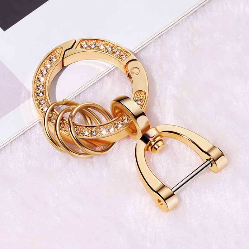 Fashion Women 360 Degree Rotation Keychain High Quality Spring Keyfob Stirrup Keyring Inlay Rhinestone Metal Connecting Buckle