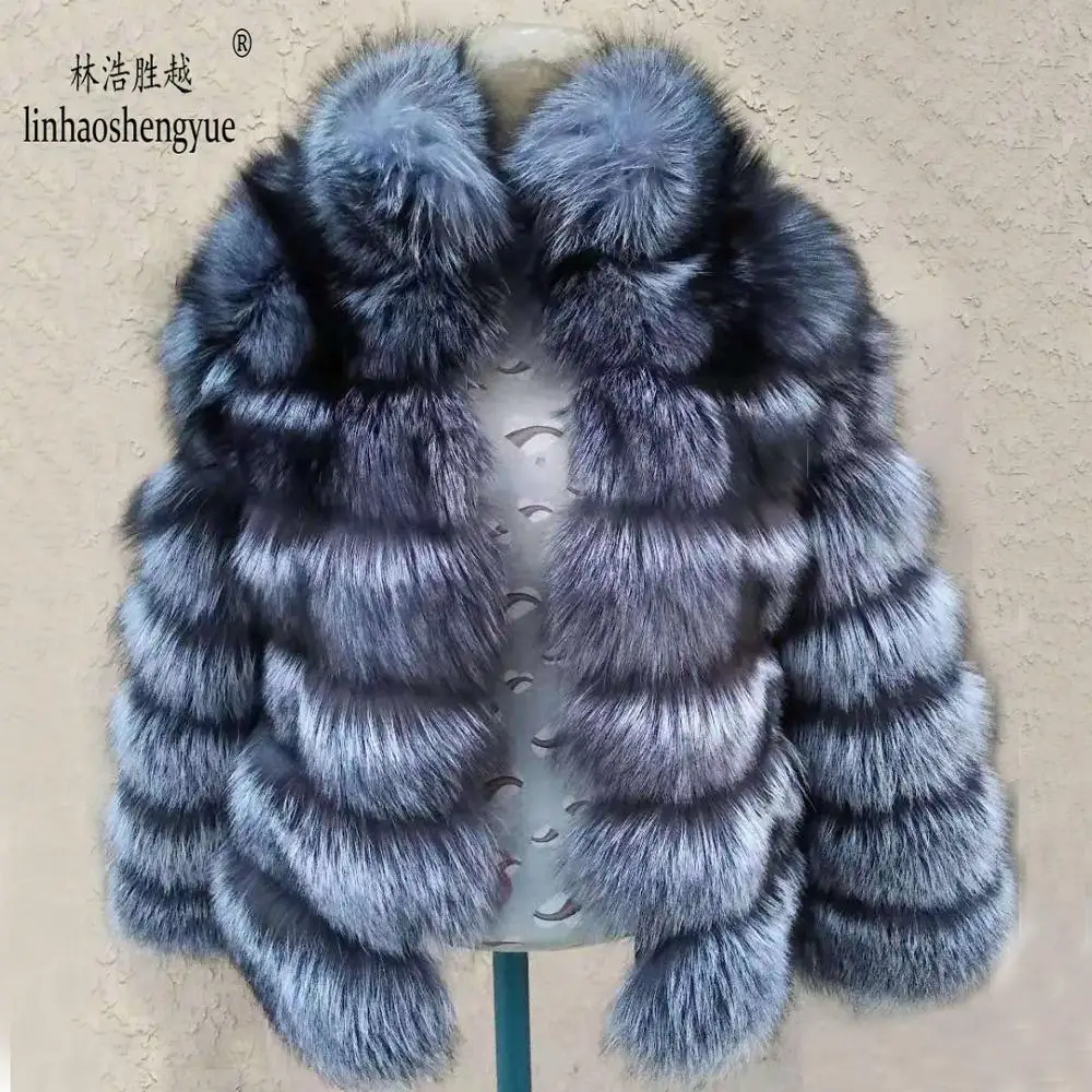 

Linhaoshengyue Fashion Women's Silver Fox Fur Coat Female Regular Section Horizontal Stripe Fox Fur Coat Female Stand Collar