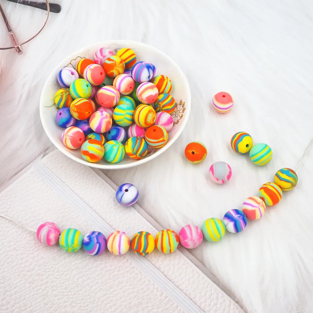 

Chenkai 10PCS BPA Free 15MM Silicone Rainbow Bead Baby Teething Nacklace Beads Baby Chewable Dummy Cartoon Pacifier Accessories