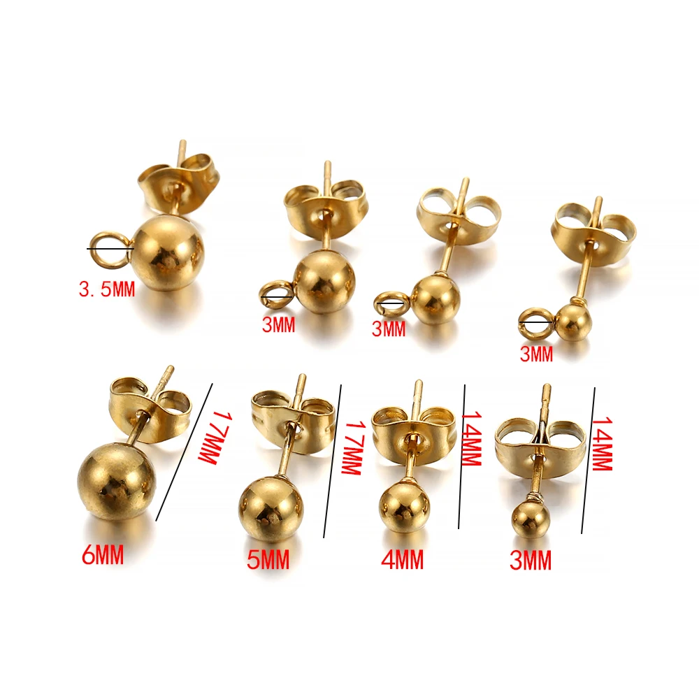 20pcs Gold Stainless Steel 3 4 5 6mm Bead Ball Stud Earrings Loop Post With Plug Earring Connectors Supplies For Jewelry Making