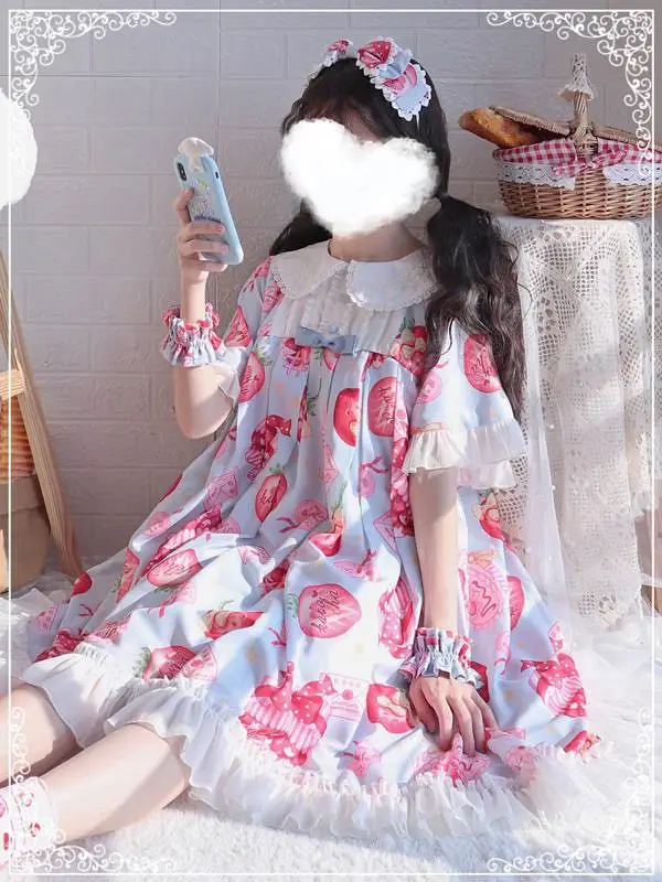 Lolita dress vintage lace bowknot peter pan collar high waist victorian strawberry dress kawaii girl gothic lolita op loli