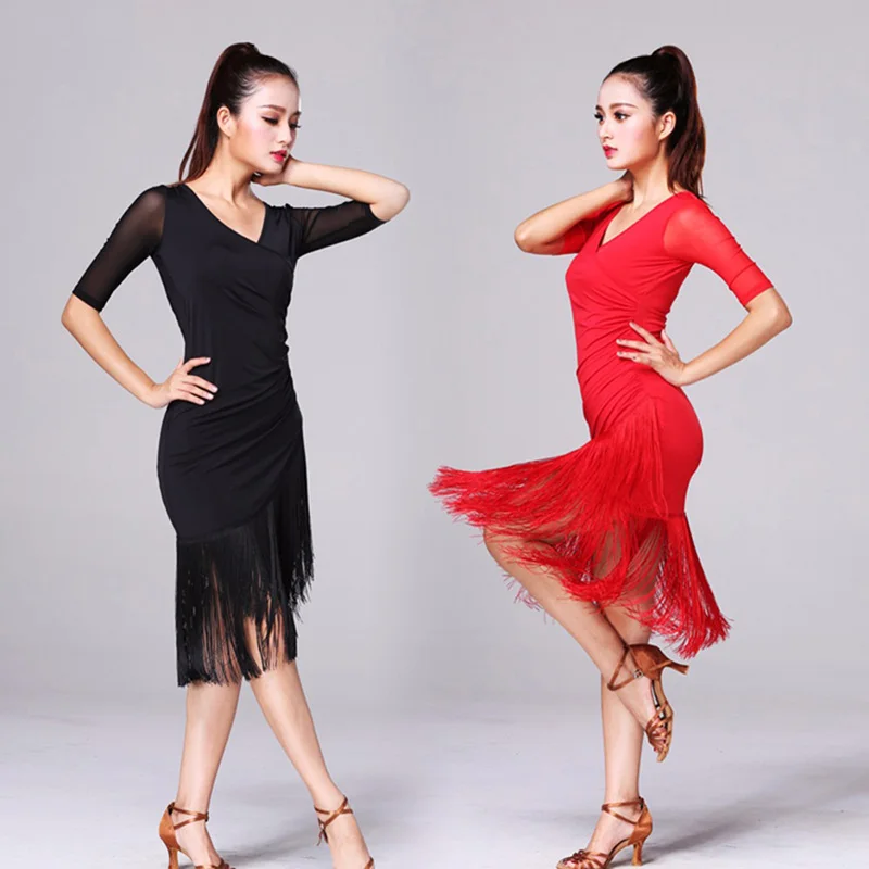 2020 New Ladies Latin Dance Dress Women Black Stage Costumes Tassel Salsa V-Neck Rumba/Samba Salsa Perform Fitness Dancewear