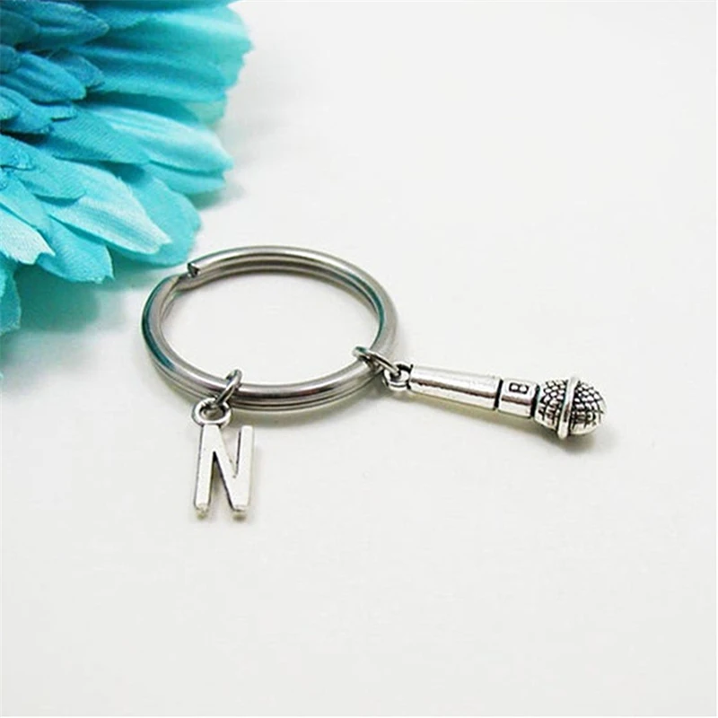 Microphone Keychain Singer Keychain Initial Keychain Name Keychain Initial Key Ring Musician Gift