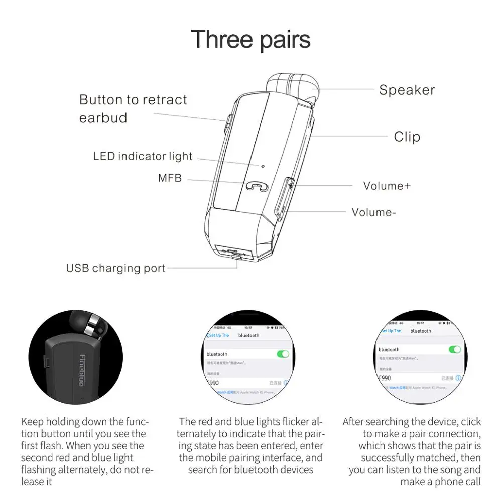 Fineblue F990 Newest Wireless business Bluetooth Headset Sport Driver Earphone Telescopic Clip on stereo earbud Vibration Luxury