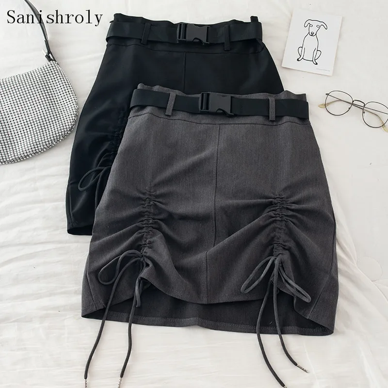 Summer Korean Safari Style Women Drawstring Sashes A-line Skirt Solid Office Lady High Waist Mini Skirts Bodycon Hip Short Skirt