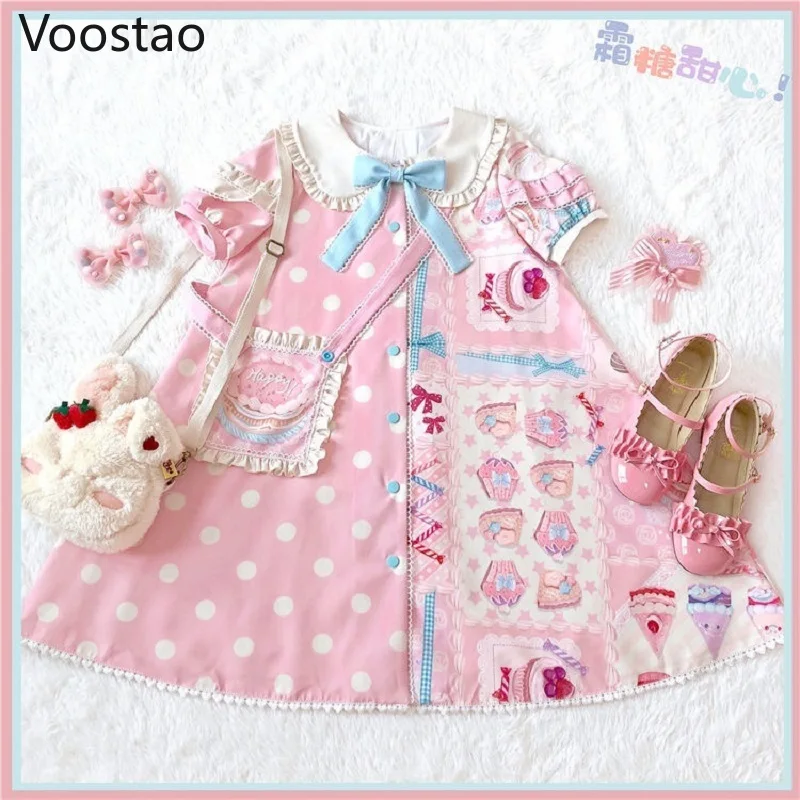 Japanese Sweet Kawaii Lolita Dress Frost Sugar Sweetheart Pink OP Dress Women Vintage Victorian Gothic Princess Tea Party Dress