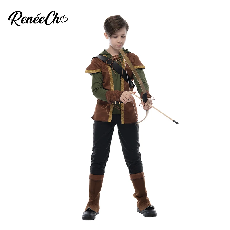 Reneecho Robin Hood Child Costume Boys Prince of Thieves Archer Costume Green Fancy Dress Halloween Costume Outfit