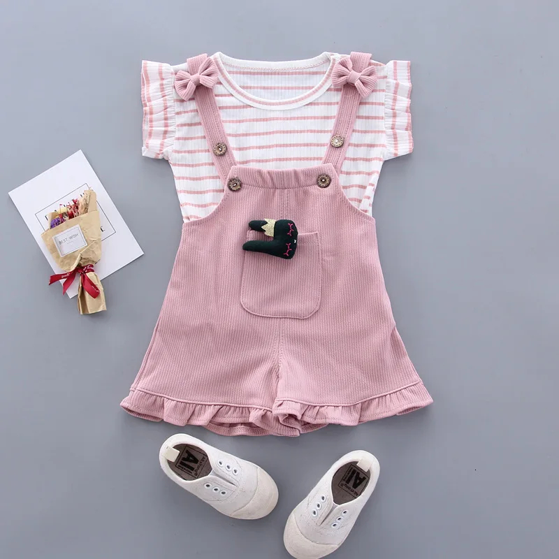 Summer Children Clothing Baby Cute  Girls Casual T-Shirts Bib Shorts 2Pcs/Set Toddler Cartoon Fashion Cotton Infant Clothes Suit