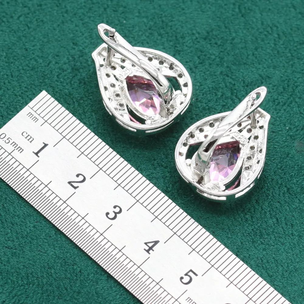 925 Sterling Silver Jewelry Sets For Women Green Blue Pink Zircon Bracelet Ear Clip Earrings Necklace pendant Ring Free Gift Box