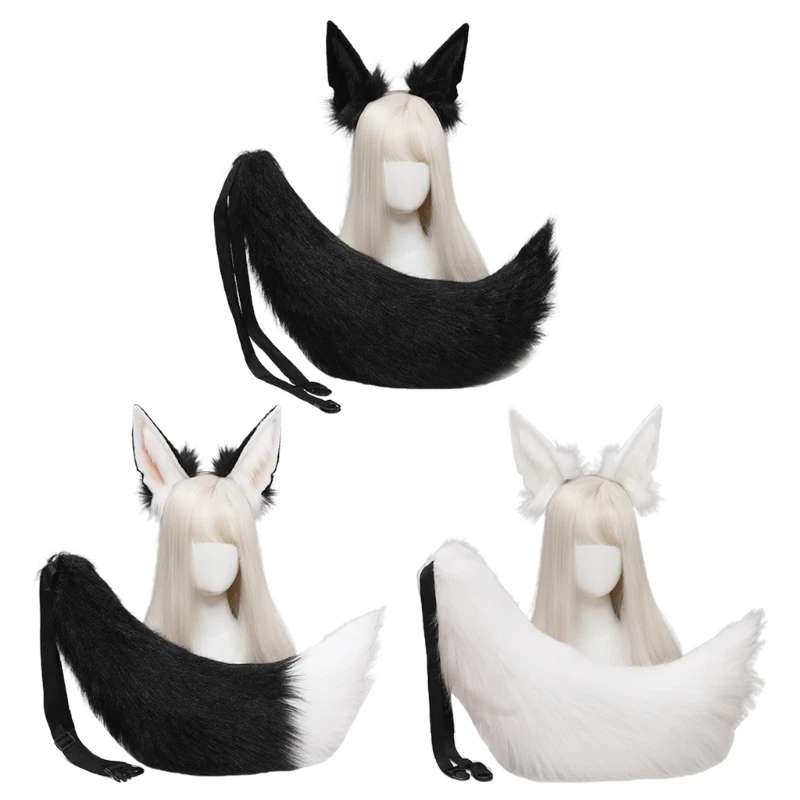 

Faux Fur Animal Headbands Furry Animal Wolf Ears Headwear Tail Set Hair Hoop for Halloween Cosplay Party Supplies