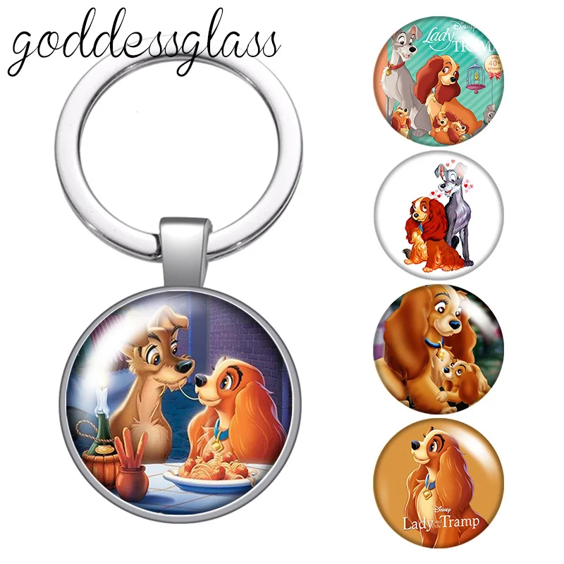 Disney  Lady and the Tramp Dogs glass cabochon keychain Bag Car key chain Ring Holder Charms keychains gift