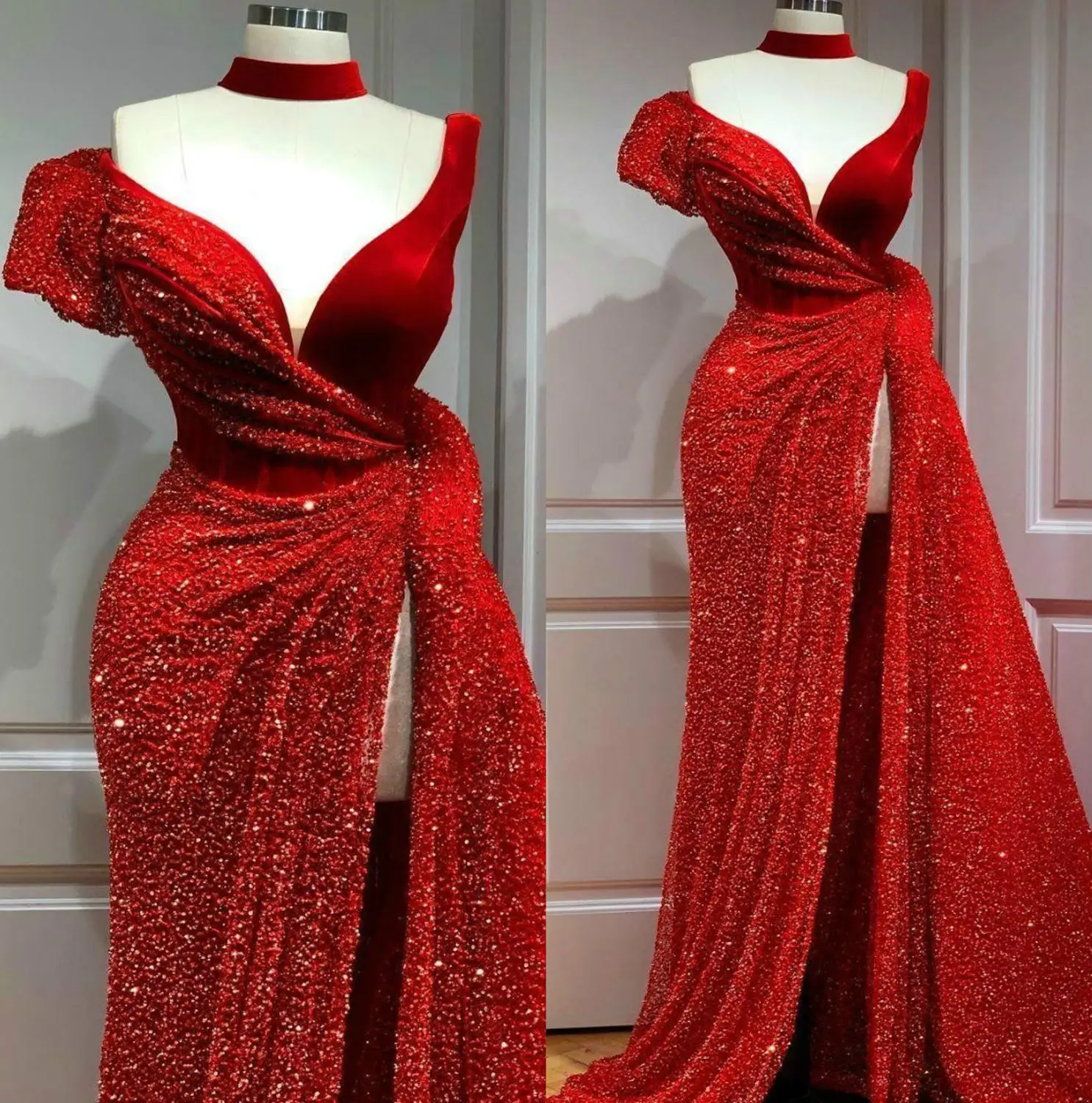 Robe de soirée de forme trapèze, tenue de soirée rouge, épaules dénudées, dentelle, paillettes, perle, fente haute, grande taille, 2020