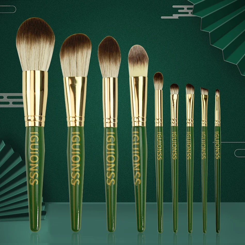 IGUIONSS makeup brush 9 pcs Emerald green color super soft fiber makeup brushes set high quality face and eye cosmetic pens