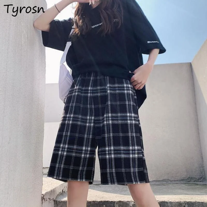 

Shorts Women Summer Loose Empire Wide-leg Trousers All-match Trendy Hong Kong Style Casual Hot Sale Knee-length Plaid Short Chic