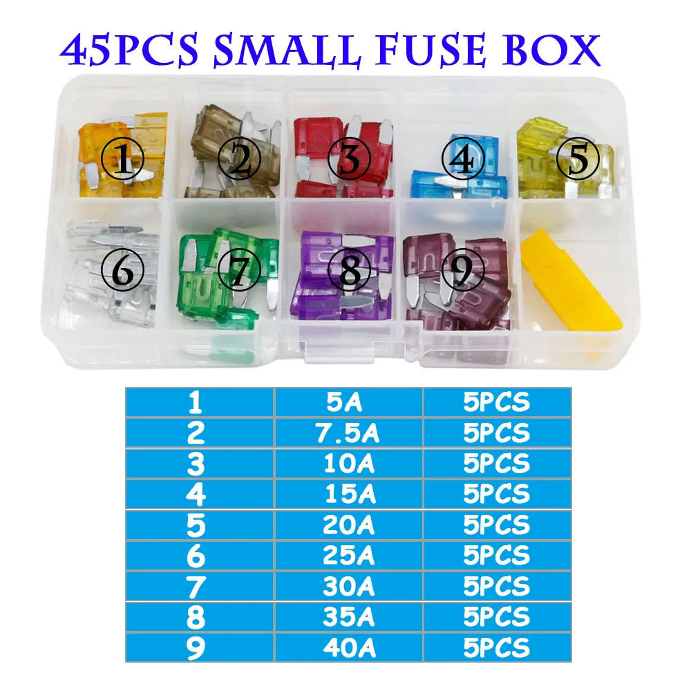 90/45PCS Car Fuse 5/7.5/10/15/20/25/30/35/40A Mini/Small/Medium 32V Automotive Blade Type Zinc alloy Fuse with Box Clip