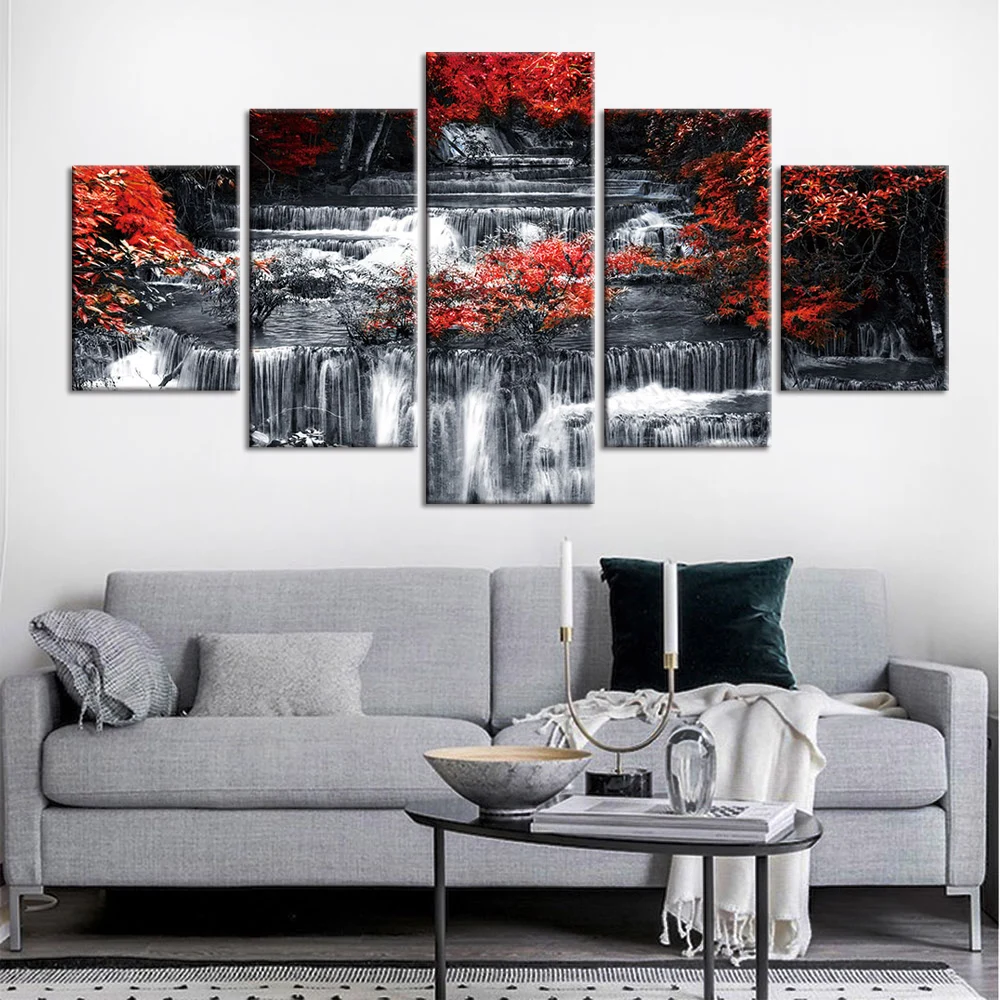 

No Framed Canvas 5Pcs Waterfall Scenery Posters Wall Art Pictures Decoration Home Decor Accessories For Living Room Paintings