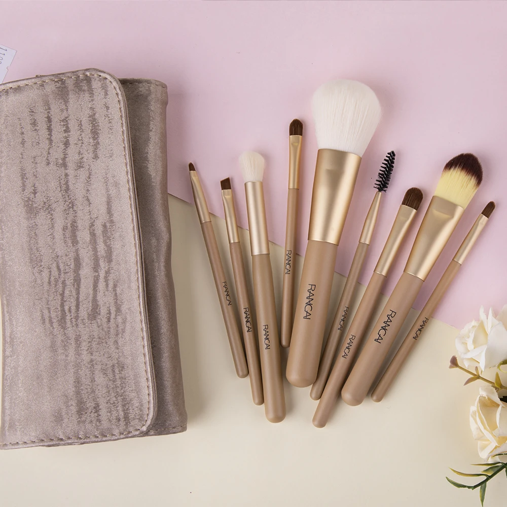 RANCAI Luxurious 9pcs Makeup Brushes set Powder Foundation Blusher Eyeshadow Brush Kabuki Cosmetics Tools+ Leather Case