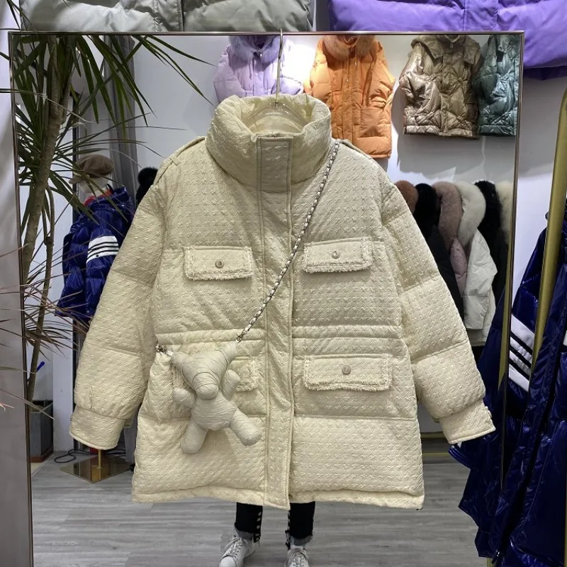 Women Tweed Down Jacket Stand Collar Fashion Thick White Duck Down Coat Sweet Office Multi-Pockets Straight Short Overcoat