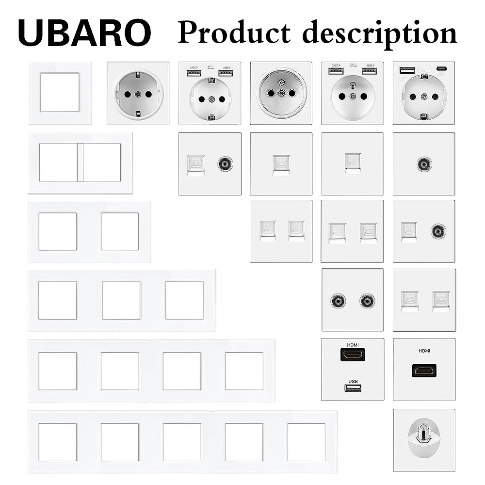 UBARO EU Tempered Glass Frame With Spray Paint Iron Frame Multi Size TV Socket Accessory DIY Installation White Home Improvement